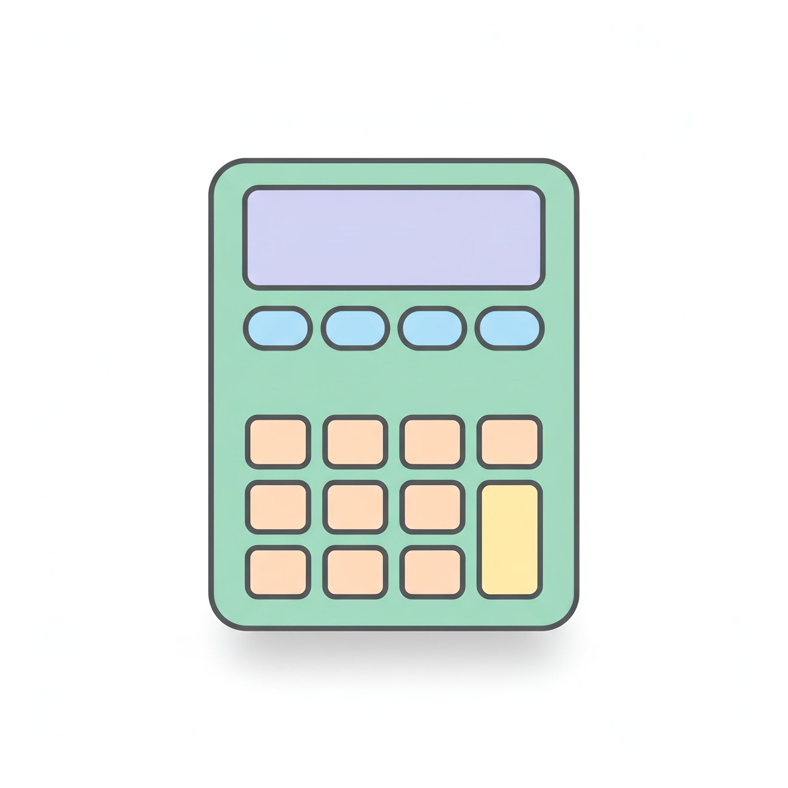 flat vector icon of a calculator pastel fill clean geometry dark gray outline soft shadow white background