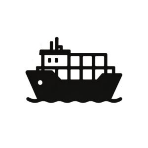 Flat vector icon of a cargo ship silhouette in solid shapes on white background—ideal for design assets & interface use