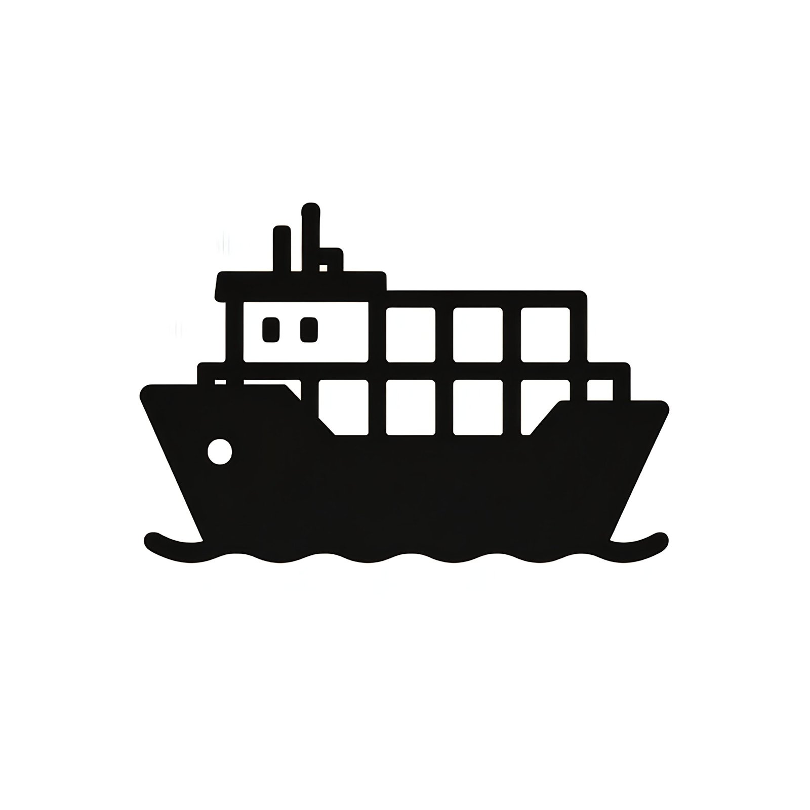 Flat vector icon of a cargo ship silhouette in solid shapes on white background—ideal for design assets & interface use