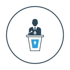 Flat vector icon of a CEO at podium on white background