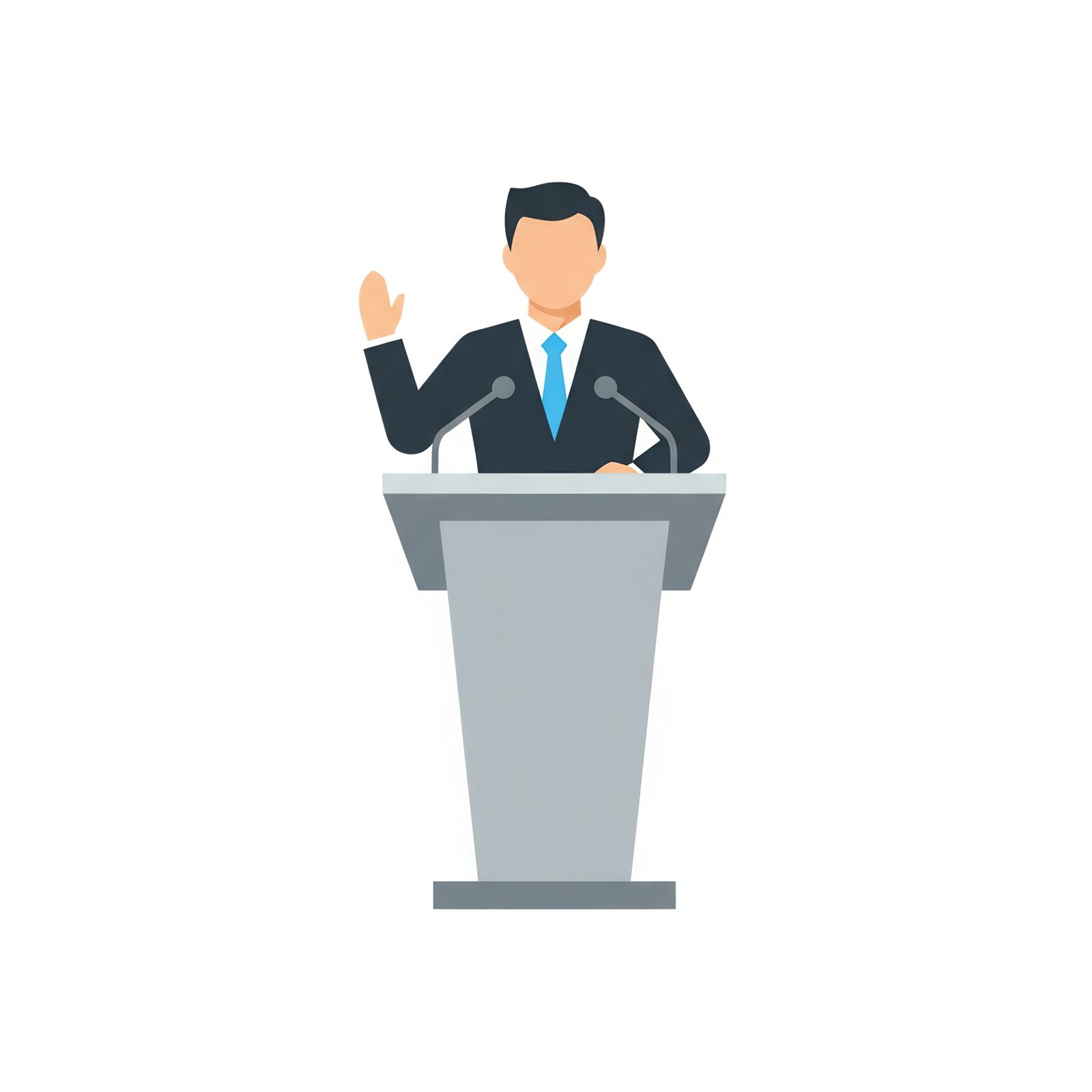Flat icon of a CEO standing at a podium with microphones—ideal for leadership, business or presentation visuals