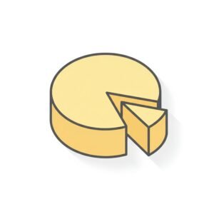 flat vector icon of a cheese wheel with a cut wedge pastel yellow fill soft drop shadow isolated on pure white background