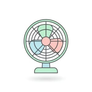 flat vector icon of a circular electric fan pastel fill dark gray outline rounded corners minimal shadow white background