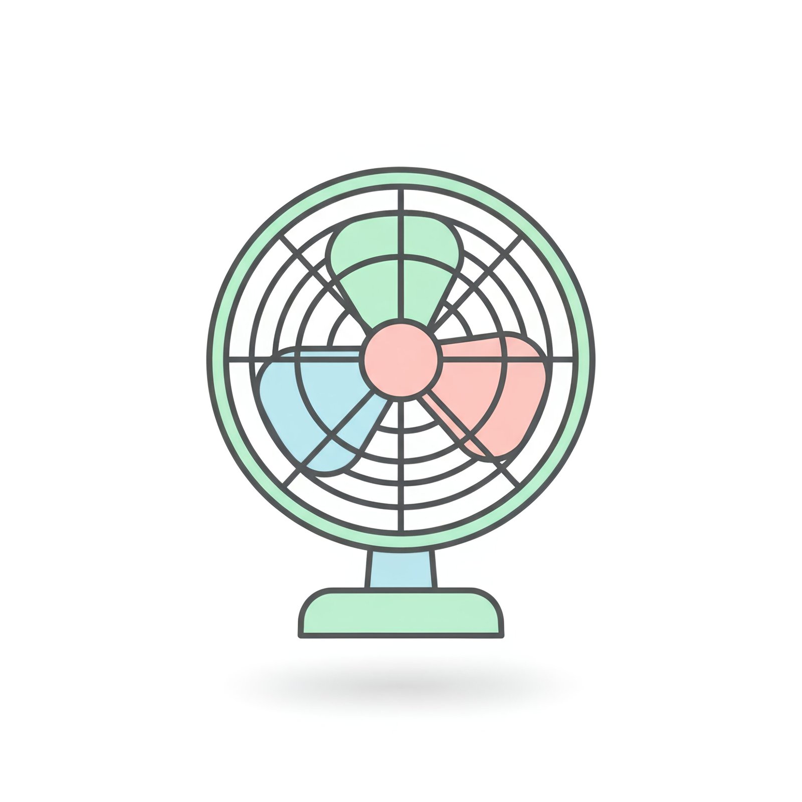 flat vector icon of a circular electric fan pastel fill dark gray outline rounded corners minimal shadow white background