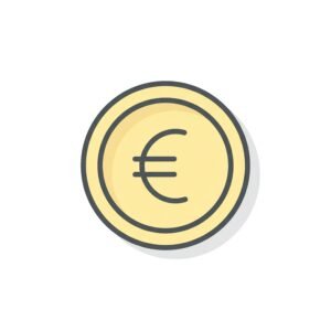flat vector icon of a coin with currency symbol pastel yellow fill dark gray outline rounded edges soft shadow white background