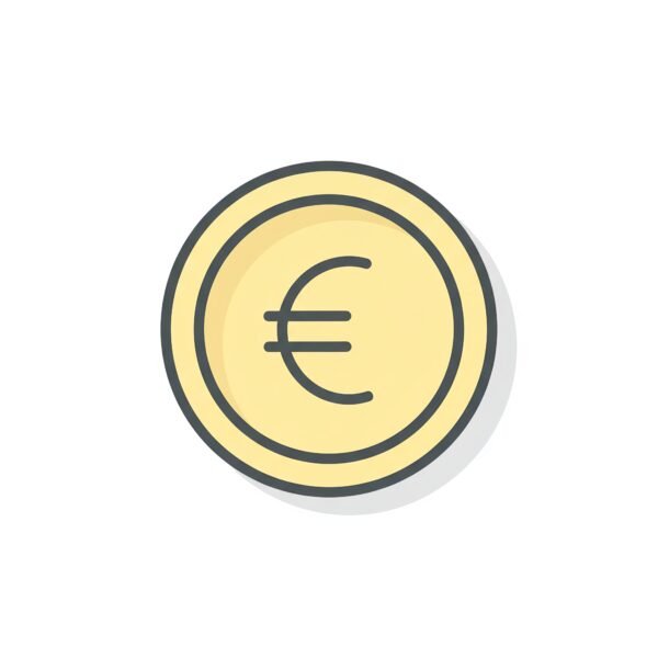 flat vector icon of a coin with currency symbol pastel yellow fill dark gray outline rounded edges soft shadow white background