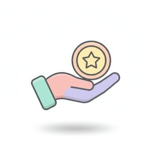 flat vector icon of a hand holding a coin pastel colors smooth forms pasteette dark gray outline rounded corners soft shadow isolated on white