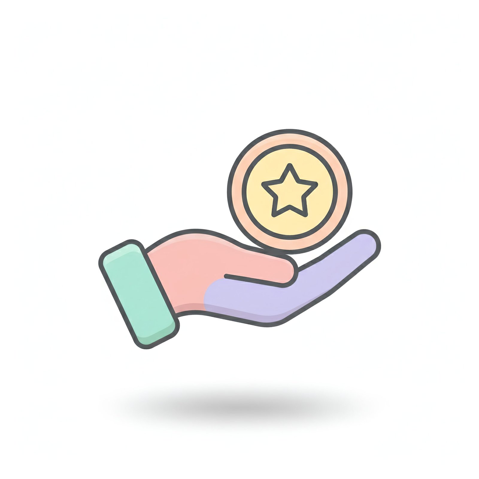 flat vector icon of a hand holding a coin pastel colors smooth forms pasteette dark gray outline rounded corners soft shadow isolated on white