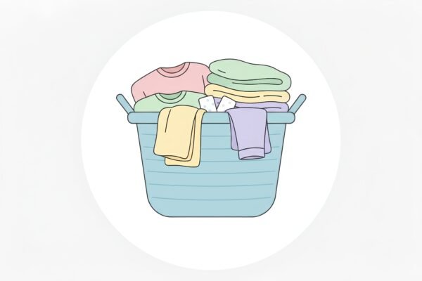 flat vector icon of a laundry basket with folded clothes pastel color palette 2