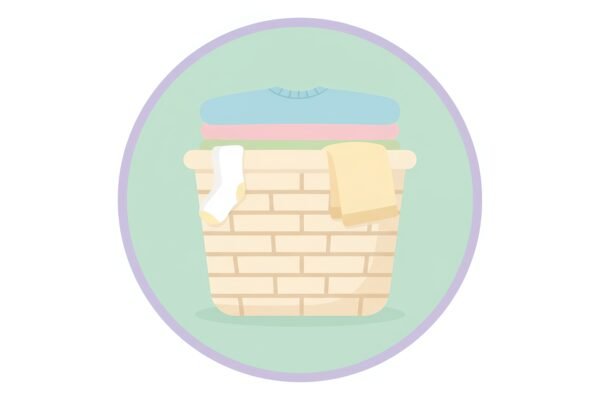flat vector icon of a laundry basket with folded clothes pastel color palette