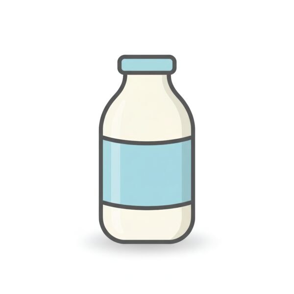 flat vector icon of a milk bottle with pastel blue label rounded shape soft shadow isolated on pure white background