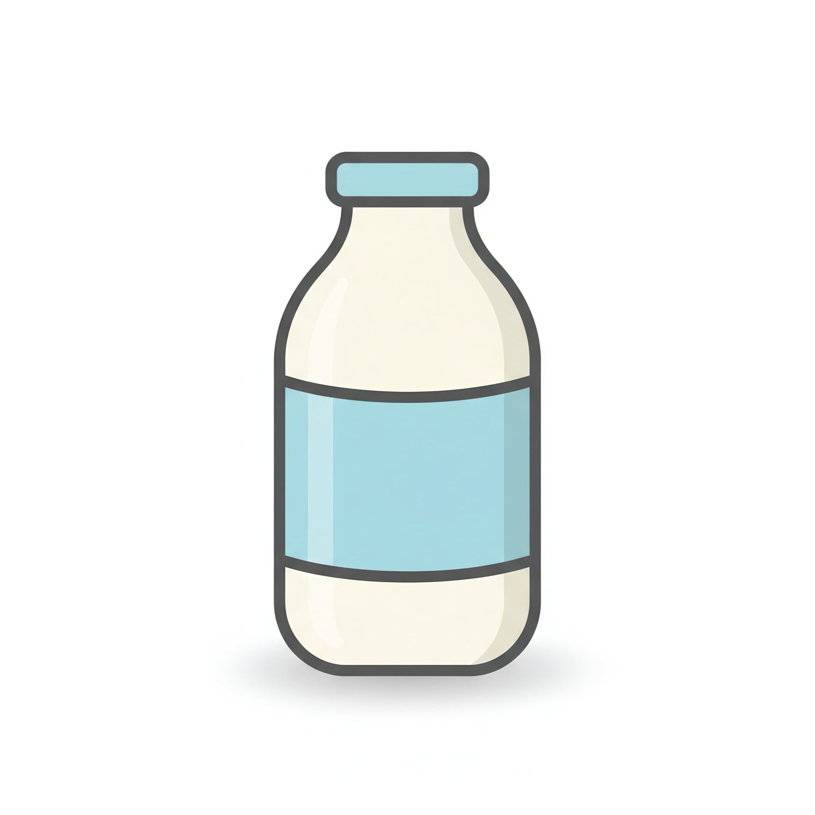 flat vector icon of a milk bottle with pastel blue label rounded shape soft shadow isolated on pure white background
