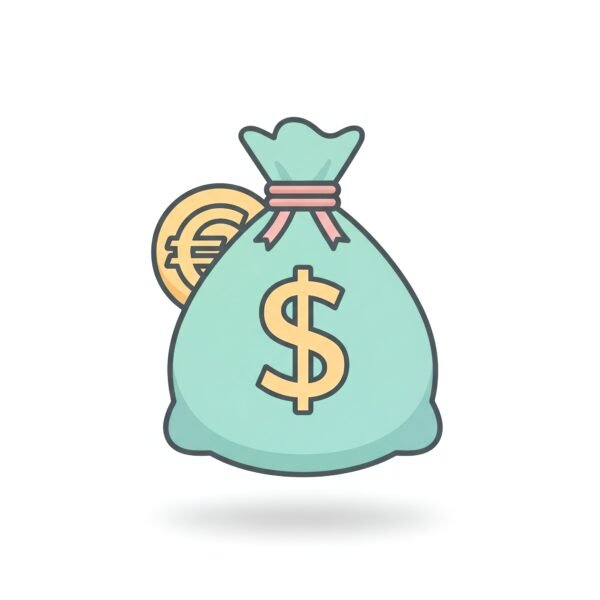 flat vector icon of a money bag with currency symbol pastel palette dark gray outline rounded corners soft shadow isolated on white