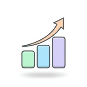 flat vector icon of a rising bar chart with arrow pastel palette dark gray outline rounded corners soft shadow isolated on white