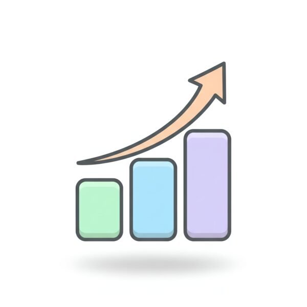 flat vector icon of a rising bar chart with arrow pastel palette dark gray outline rounded corners soft shadow isolated on white