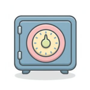 flat vector icon of a safe with circular dial pastel palette pastel palette dark gray outline rounded corners soft shadow isolated on white