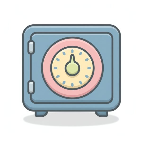 flat vector icon of a safe with circular dial pastel palette pastel palette dark gray outline rounded corners soft shadow isolated on white
