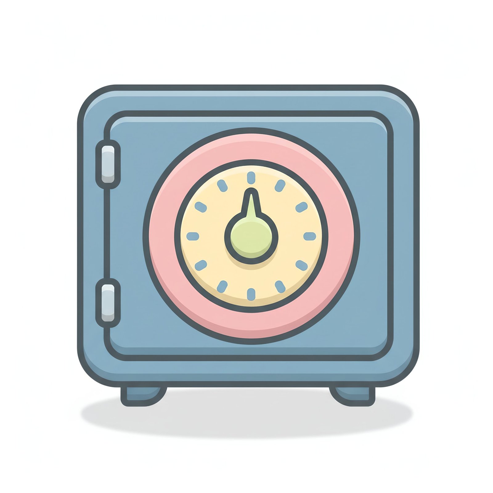 flat vector icon of a safe with circular dial pastel palette pastel palette dark gray outline rounded corners soft shadow isolated on white