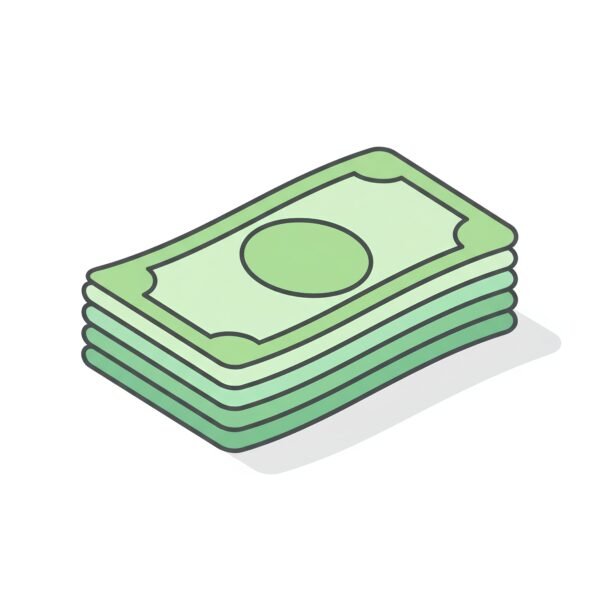 flat vector icon of a stack of cash bills pastel green fills dark gray outline rounded corners soft shadow isolated on white