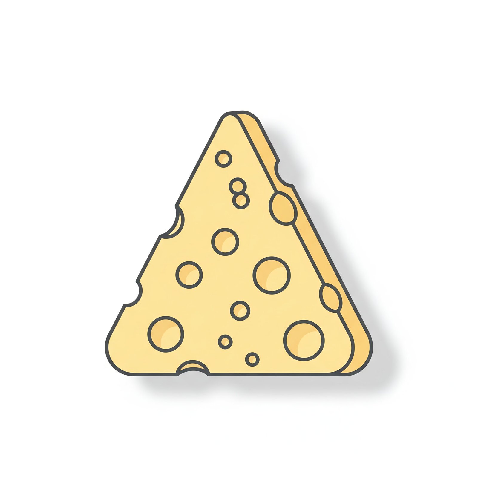 flat vector icon of a triangular swiss cheese wedge with multiple round hoy outline rounded corners soft shadow isolated on pure white background