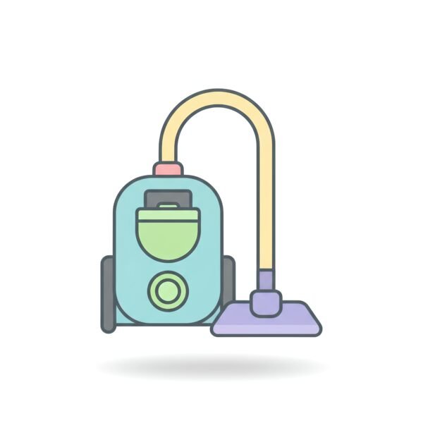 flat vector icon of a vacuum cleaner with simple shapes pastel palette dark gray outline rounded corners light shadow white background