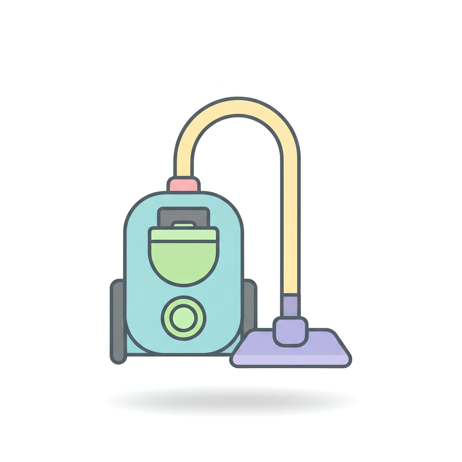flat vector icon of a vacuum cleaner with simple shapes pastel palette dark gray outline rounded corners light shadow white background