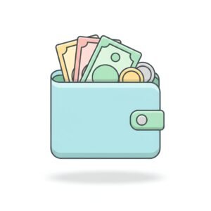 flat vector icon of a wallet with money peeking inside pastel colors dark gray outline rounded edges soft shadow white background