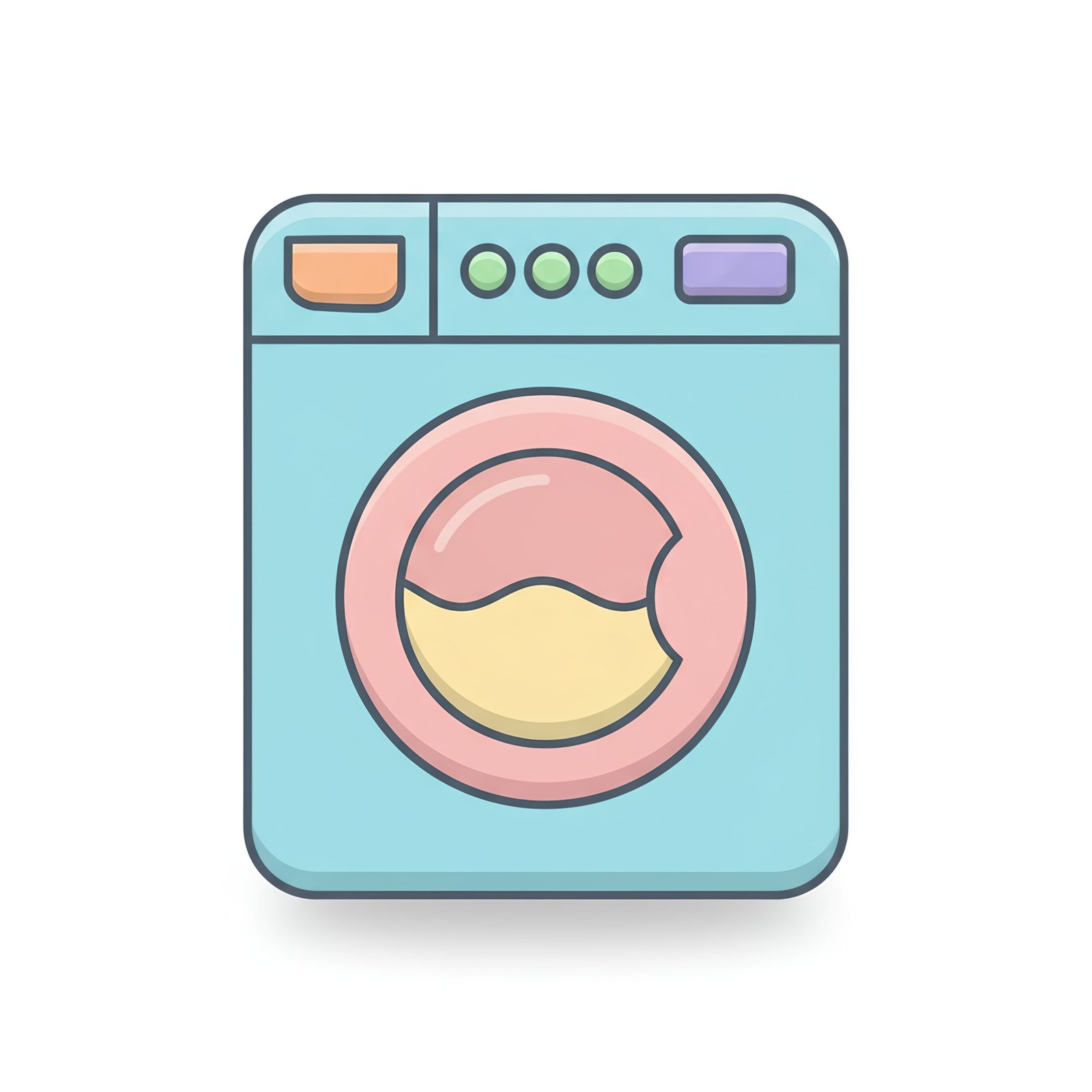 flat vector icon of a washing machine circular door pastel colors dark gray outlines rounded geometry soft drop shadow isolated on white