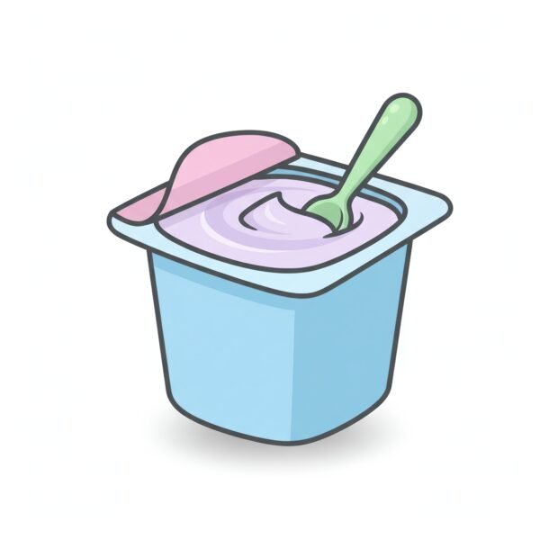 flat vector icon of a yogurt cup with a slightly lifted foil lid and a small drop shadow isolated on pure white