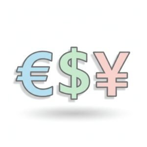 flat vector icon of multiple currency symbols arranged neatly pastel palette dark gray outline soft shadow white background