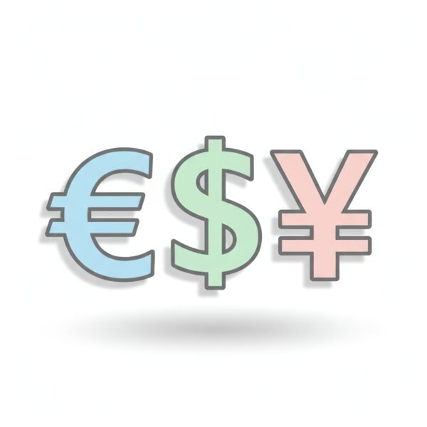 flat vector icon of multiple currency symbols arranged neatly pastel palette dark gray outline soft shadow white background