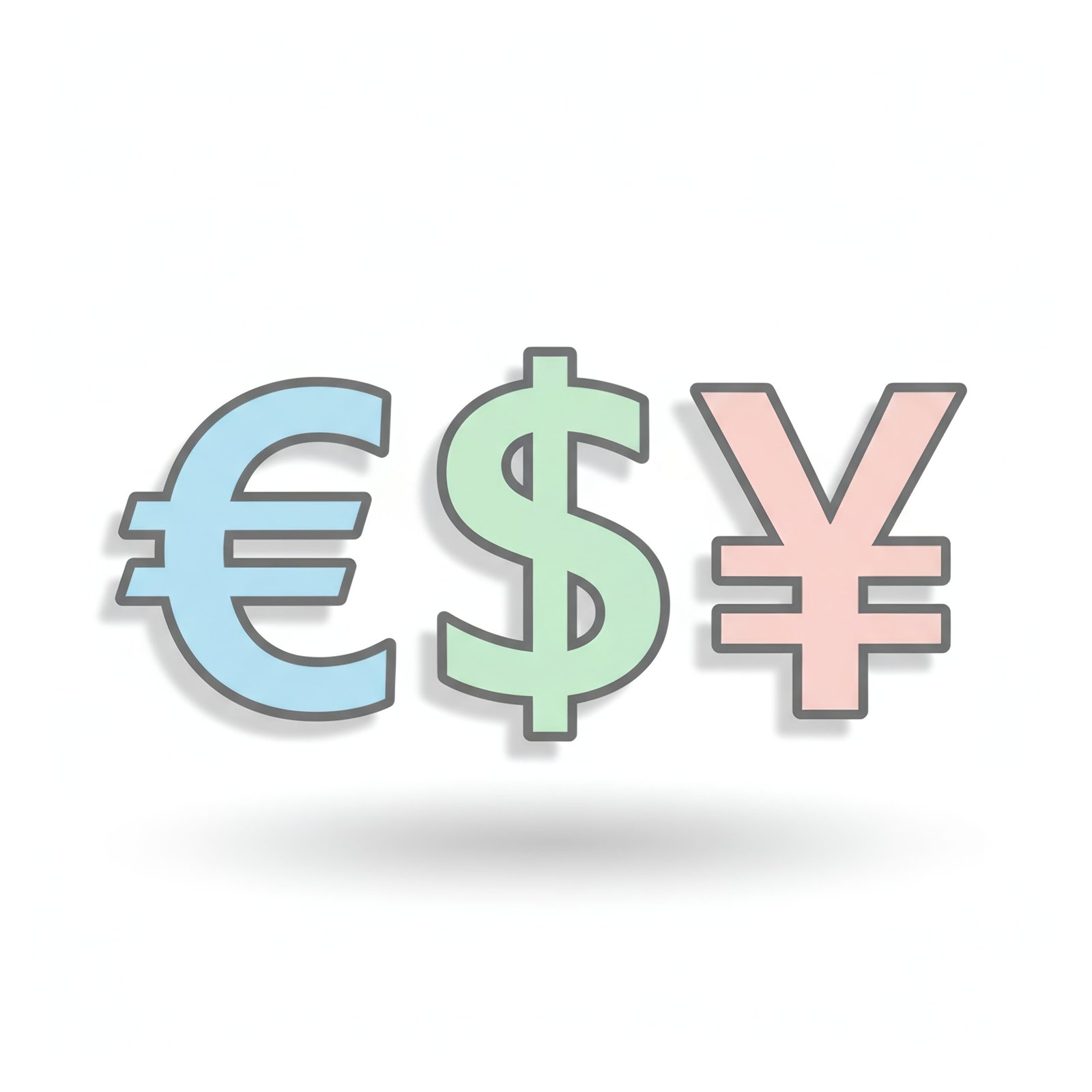 flat vector icon of multiple currency symbols arranged neatly pastel palette dark gray outline soft shadow white background