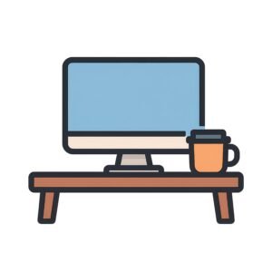 Flat vector icon of office desk with computer and coffee cup