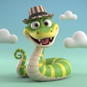 Funny 3D snake character wearing hat with cheerful expression