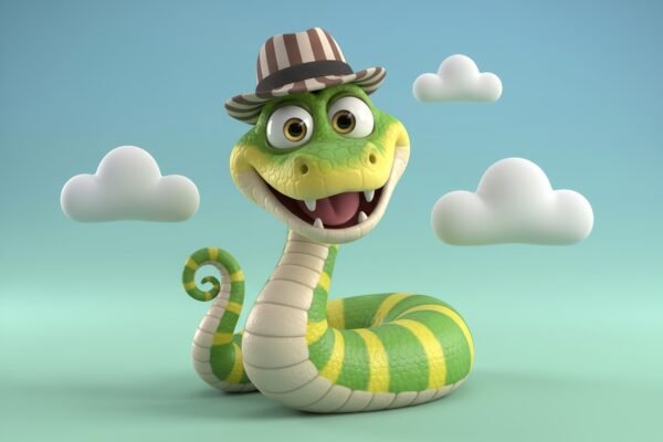 Funny 3D snake character wearing hat with cheerful expression