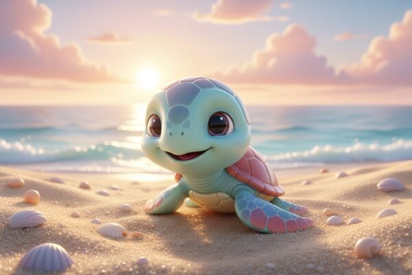 Cute 3D baby turtle illustration on a sandy beach with pastel colors—perfect for children's content, stories or playful designs.