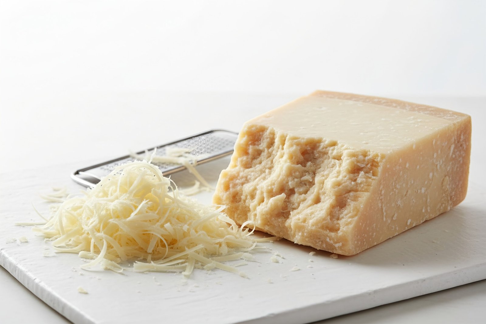 parmesan cheese block with freshly grated cheese beside it macro detail clean white backdrop high resolution food photography