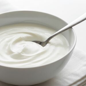 realistic bowl of plain yogurt with a stainless steel spoon resting inside natural lighting clean white background high resolution food photography
