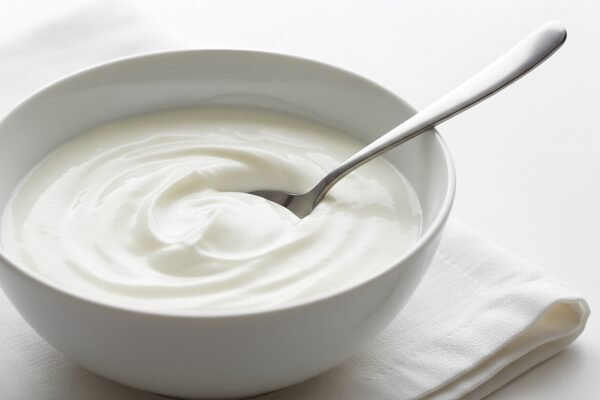 realistic bowl of plain yogurt with a stainless steel spoon resting inside natural lighting clean white background high resolution food photography
