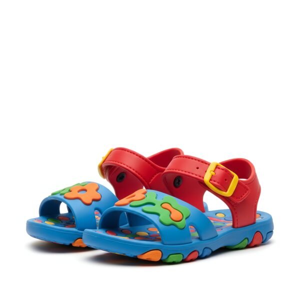 Realistic kids’ colorful sandals on white background