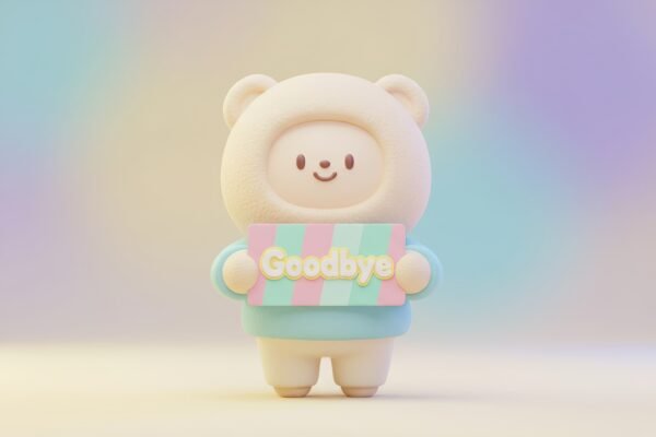 3D cartoon character holding a ‘Goodbye’ card with a small smile pastel colors soft lighting simple background friendly farewell vibe