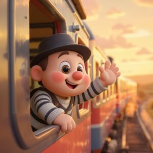 3D cartoon character leaning out of a train window waving goodbye to someone on the platform soft stylized environment warm color palette cute character design