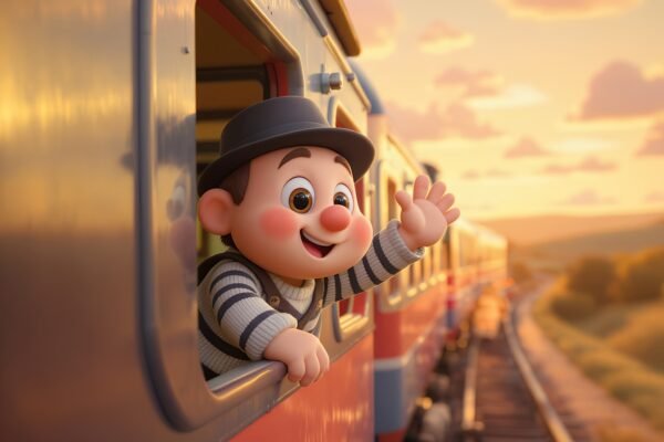 3D cartoon character leaning out of a train window waving goodbye to someone on the platform soft stylized environment warm color palette cute character design