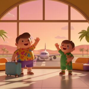 3D cartoon character standing with suitcase waving goodbye to a friend at airport vibrant colors soft shadows