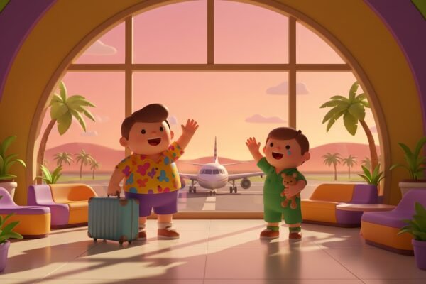 3D cartoon character standing with suitcase waving goodbye to a friend at airport vibrant colors soft shadows