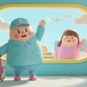3D cartoon character standing with suitcase waving goodbye to a friend behind airport window vibrant colors cute stylized environment soft shadows