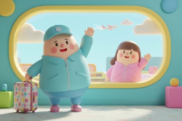 3D cartoon character standing with suitcase waving goodbye to a friend behind airport window vibrant colors cute stylized environment soft shadows