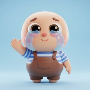 3D cartoon character with teary eyes waving farewell soft lighting round expressive features simple empty background emotional but friendly atmosphere