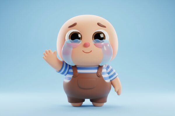 3D cartoon character with teary eyes waving farewell soft lighting round expressive features simple empty background emotional but friendly atmosphere