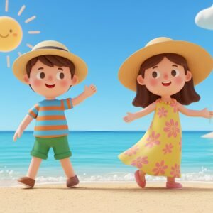 3D cartoon characters walking in opposite directions with small waves bright outdoor scene colorful clothing smooth 3D render emotional but positive tone